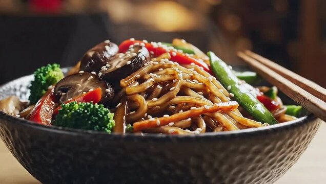 Close-up rotating shot of colorful stir-fry noodles