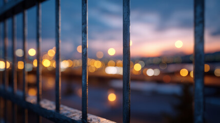 Macro view of prison bars, blurred background with warm highlights, emphasizing cold metal surfaces and security environment