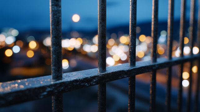 Close-up of dark steel prison bars with subtle bokeh background, soft lighting highlighting texture, evoking themes of justice, confinement, and security