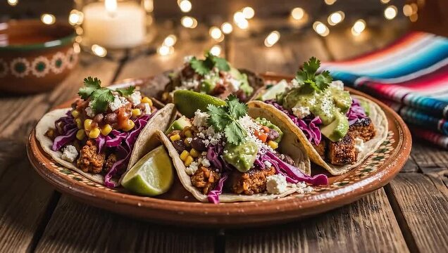 Rotating shot around assorted tacos on plate