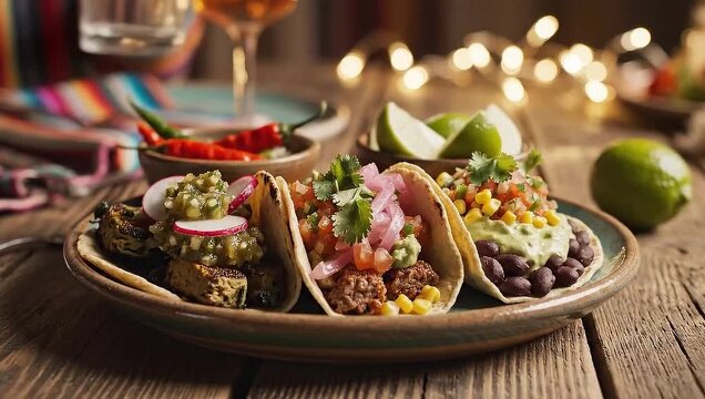 Rotating shot around assorted tacos on plate