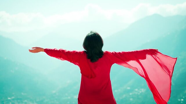 4K shot of Indian teenager girl raise hands, wearing traditional Indian salwar suite And dupatta fluttering in wind. Tourist standing against mountains in Manali, Himachal Pradesh, India.