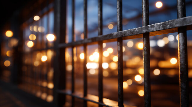 Detailed close-up of prison cell bars, subtle bokeh highlighting ambient light behind, conveying authority and controlled environment - Powered by Adobe