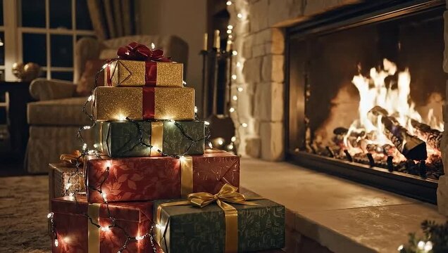 Slow dolly of gift boxes arranged by Christmas fireplace