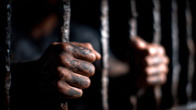 Tattooed fingers of a man gripping and reaching through prison bars, figure shrouded in darkness, dramatic low-light emphasizing contrast between skin and metal