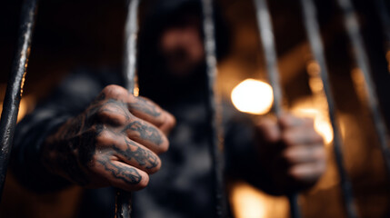 Close-up of tattooed hands emerging through vertical bars, figure concealed in shadow, moody ambient lighting emphasizing confinement and tension