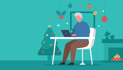Senior working on laptop from home during the holiday season