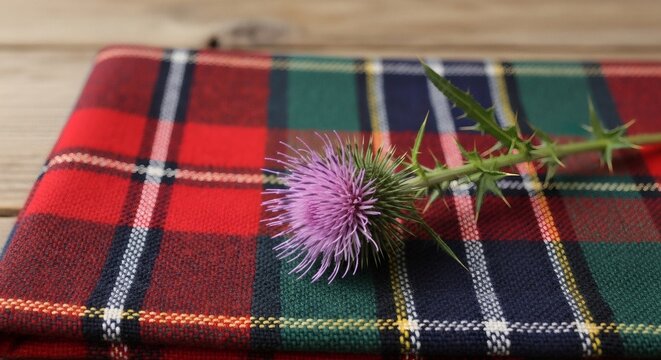 A scottish thistle flower resting on a red, green, and blue tartan fabric for St. andrew's day