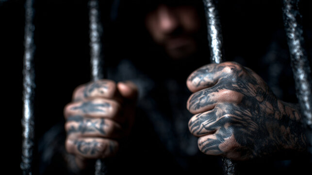 Close-up of tattooed hands emerging through vertical bars, figure concealed in shadow, moody ambient lighting emphasizing confinement and tension