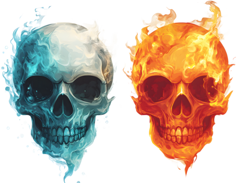 Fiery and icy skulls contrasting elements of heat and cold isolated on transparent background