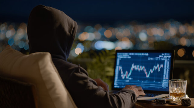 Man in hoodie leaning back in chair at home, laptop glowing with poker game and trading candlestick chart, whiskey glass and chips nearby, warm evening light filtering in