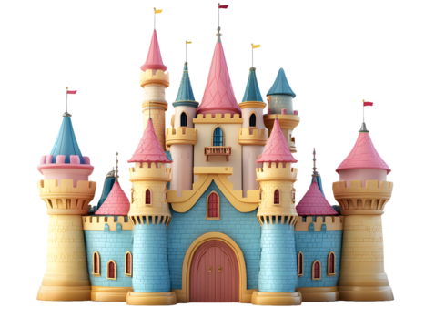 Whimsical pastel fairytale castle with multiple towers and spires isolated on transparent background