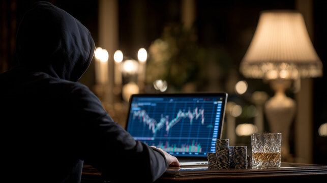 Evening scene of man wearing hoodie sitting at table, laptop displaying candlestick chart and poker game, poker chips stacked beside whiskey glass, warm lamp light creating intimat