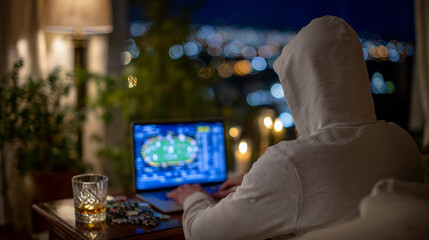 Cozy home interior at night, man in hoodie focused on laptop displaying poker game and candlestick chart, whiskey glass catching light, poker chips on table adding texture