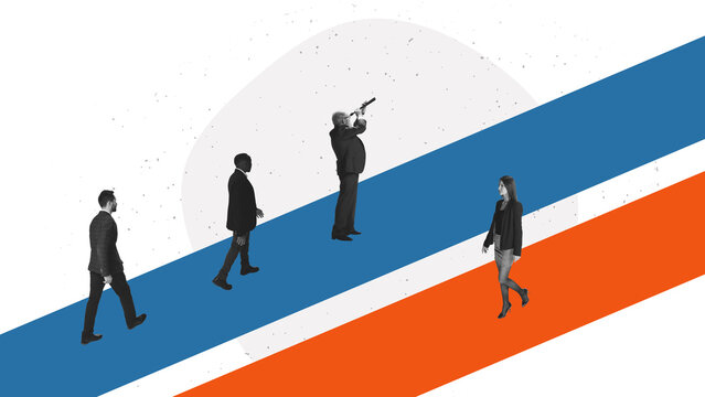 Minimal collage showing professionals walking along bold diagonal paths with a leader observing ahead. Concept of shared direction, team alignment and strategic vision.