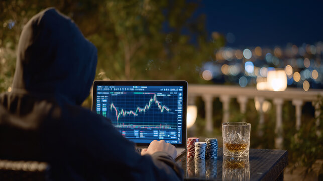 Evening scene with man in hoodie at table, laptop glowing with trading charts and poker game, whiskey glass and neatly stacked chips, ambient warm lighting creating intimate mood - Powered by Adobe