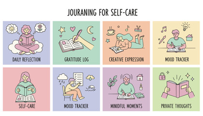 Doodle vector icons of journaling activities for mental wellness and selfcare practices