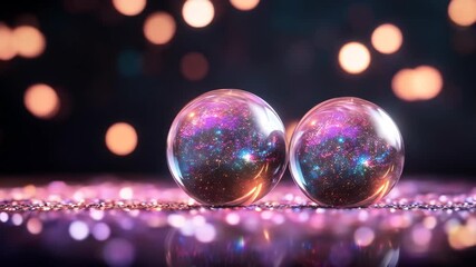 Magical sparkling orbs with cosmic galaxy effect on glitter background bokeh lights