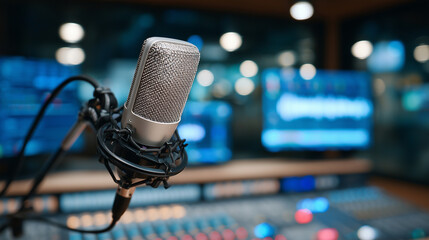 Close-up of condenser microphone, pop filter, and audio mixer sliders in recording studio, soft bokeh of LED meters and monitors in background
