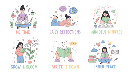 Selfcare and mental wellness routines illustration set journaling reflection me time and inner peace