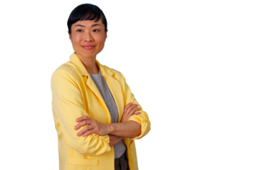 Confident asian business woman smiling, posing with arms crossed, projecting professionalism and success on transparent background