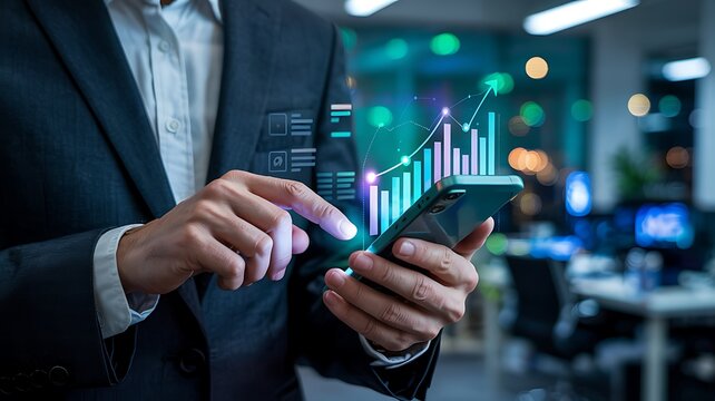 Businessman analyzing financial stock market data on smartphone with glowing holographic charts and graphs in a modern office setting - Powered by Adobe