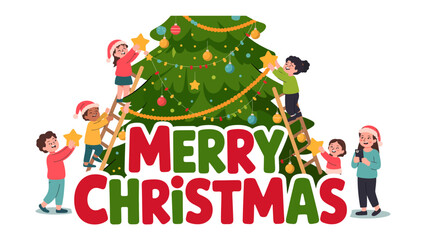 Christmas Magic: Joyful children decorate a vibrant Christmas tree with twinkling lights and shining ornaments, their faces alight with the spirit of the season.