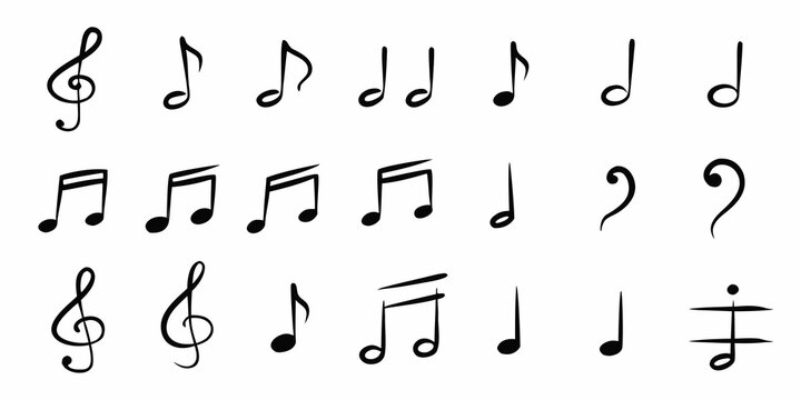Collection of hand drawn black music notes and symbols on a white background
