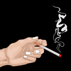 Hand Holding Cigarette with Rising Smoke – Smoking Habit Illustration, Vector Clipart on Black Background