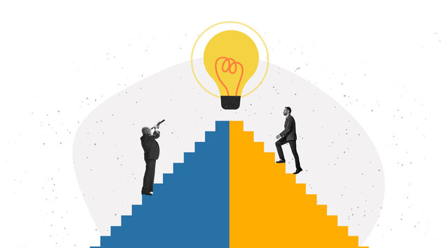 Dynamic artwork showing hands directing a rising zigzag arrow across colorful geometric shapes. Concept of guided growth, controlled progress and strategic influence in business.