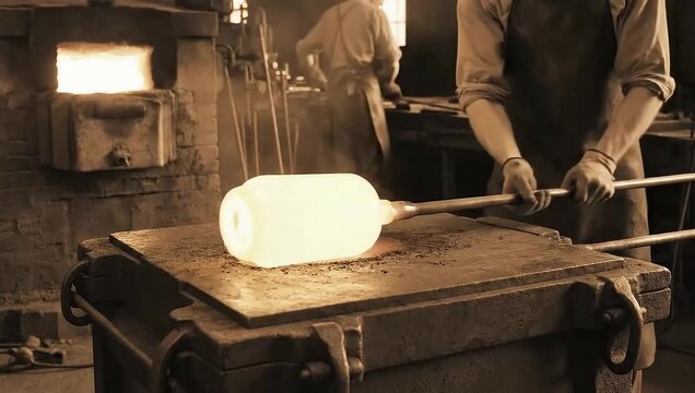 Early glass factory workers shaping molten glass in sepia