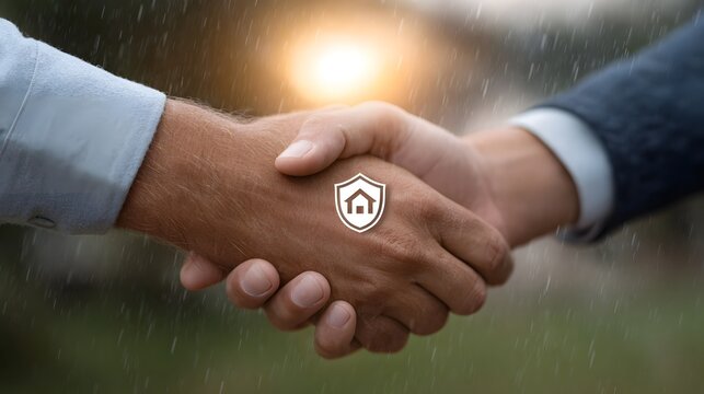 Two hands shaking in the rain with a shield and house icon symbolizing secure partnership and home protection during a sunset