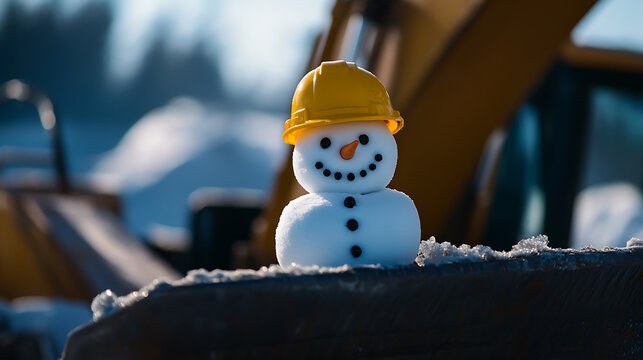 A whimsical snowman, perched on machinery, dons a bright yellow hard hat. The playful scene blends winter charm with construction humor. Winter build in progress.