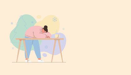 Exhausted woman sleeping on a desk during winter holidays Seasonal fatigue and burnout concept