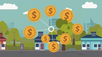 5-Second HD Animated Business Economy Flow Scene Featuring Small Shops, Floating Gold Coins, Dynamic Camera Movement, Bright Cartoon Style, Outdoor Sunny Environment, and Positive Financial Atmosphere