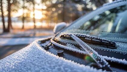 Close up of frosted car windshield wipers covered in delicate ice crystals on a cold winter morning with soft golden sunrise light filtering through trees