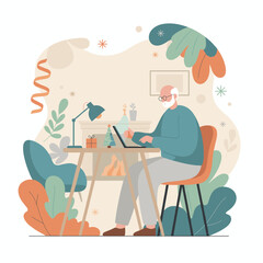 Senior man working on laptop at home desk during winter holidays Remote work or digital life concept