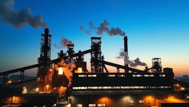 Steel mill exterior at dusk with industrial lights