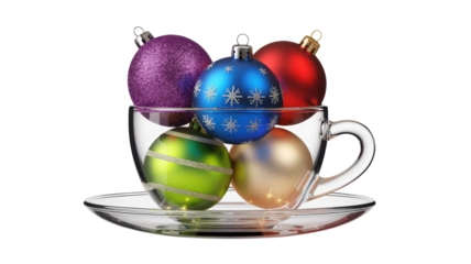 A clear glass mug filled with colorful christmas ornaments creating a festive holiday display isolated on transparent background