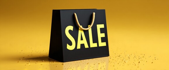 A black shopping bag with a large yellow sale sign sits against a bright yellow backdrop. This scene suggests a promotional event encouraging customers to explore discounts