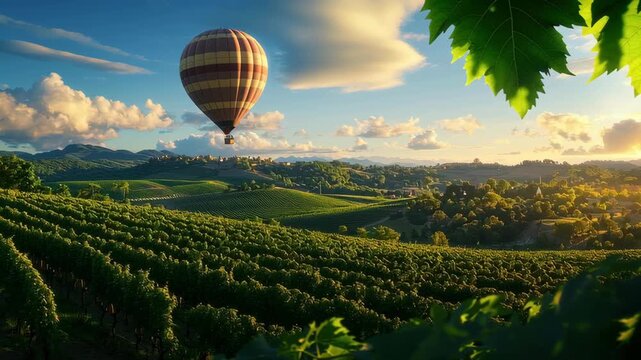 Hot air balloon vineyard rolling hills sunset countryside landscape green summer travel adventure scenic view with calm emotion float over vineyard