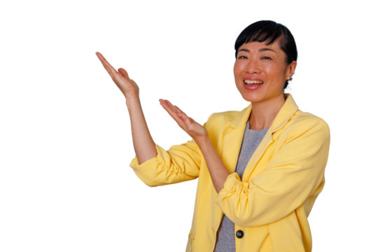 Asian businesswoman smiling and gesturing, presenting sales or a new product with open arms, transparent background