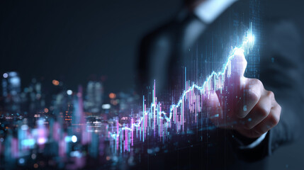 Financial Trend Forecasting: Business Professional Pointing at Virtual K-line Chart Rising Upward Against Night Cityscape