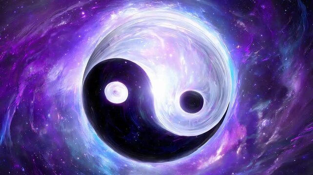 Glowing Yin Yang Symbol Rotating in a Vibrant Purple Cosmic Galaxy Nebula.