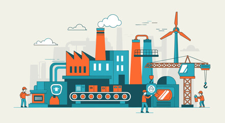 Manufacturing factory assembly line illustration with workers crane and wind power Industrial production concept