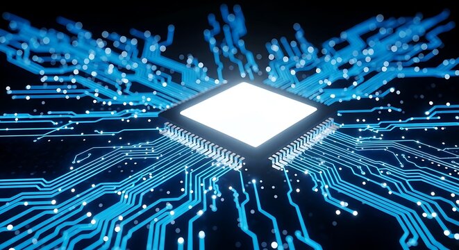 Closeup of a glowing computer processor chip with intricate blue circuit board pathways extending outwards, symbolizing technology and data flow