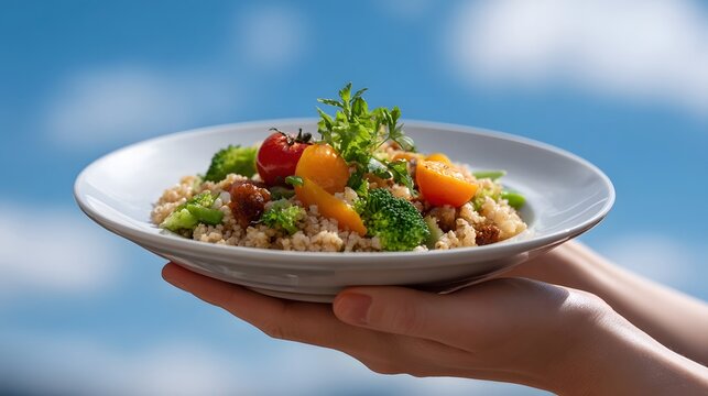 Healthy quinoa dish with fresh vegetables and tomatoes served on a plate held outdoors against a bright blue sky