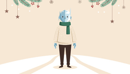Cute cartoon ice character wearing a cozy sweater and scarf stands in a winter holiday scene