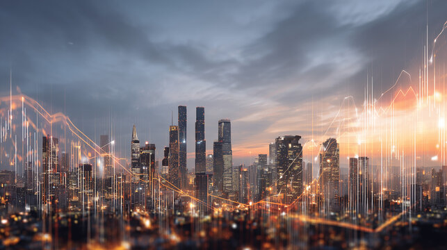 Digital Finance Skyline: Modern Cityscape Blended with Glowing Financial Charts at Dusk, Tech Integration Concept