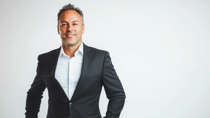 Portrait of a successful smiling mid adult business man dressed in a suit. Studio shot against a white background. - Powered by Adobe